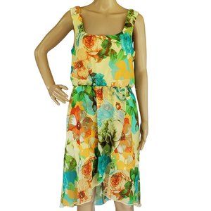 Floral Sun Dress Women's Medium Hi Low Lined Chiffon Sleeveless Yellow & Green